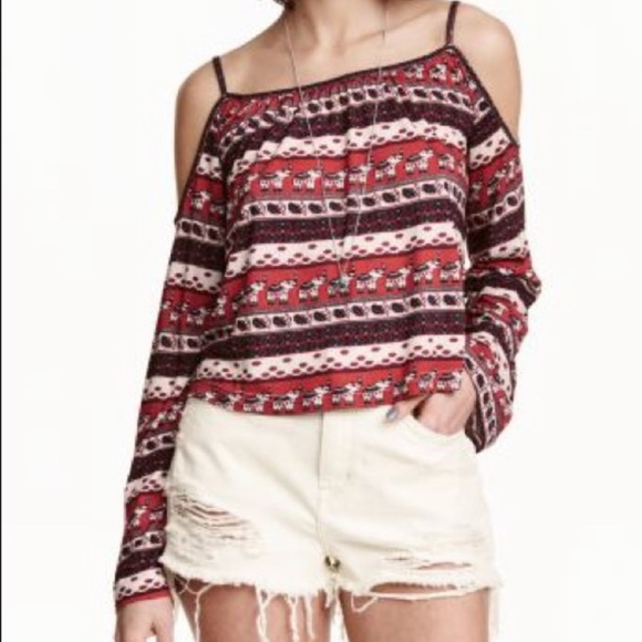 {H&M} Cold Shoulder, Boho, Elephant Print Long Sleeve Top - Picture 6 of 7